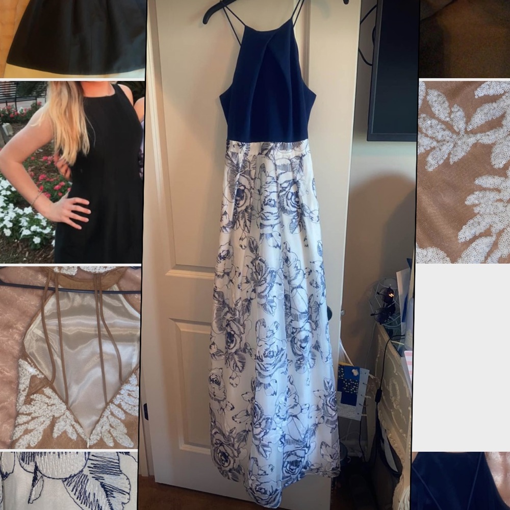 Navy blue and white floral floor length dress